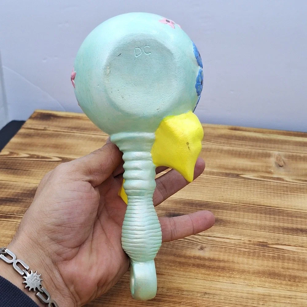 Vintage Baby Rattle Pottery Planter Signed Blue Yellow Pink CB‎